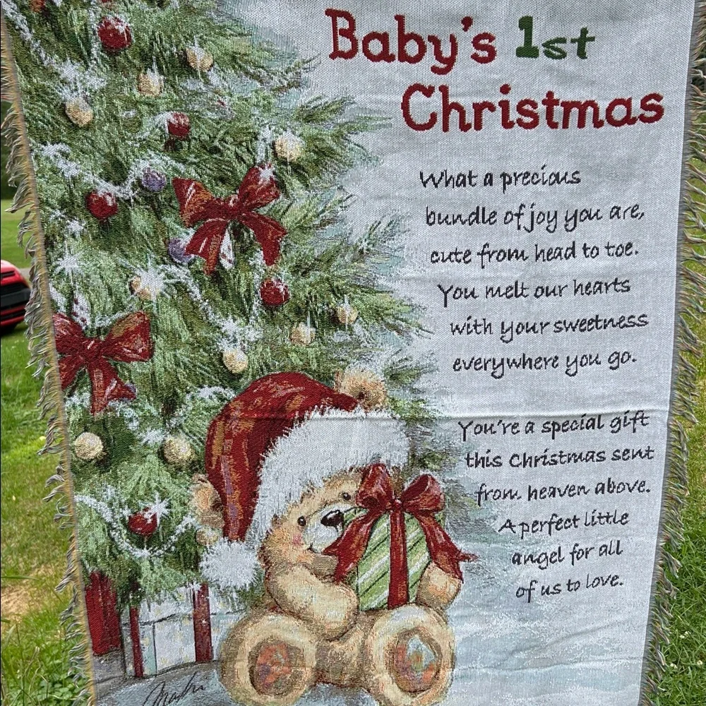 Vntg Y2K Baby’s First Christmas Tapestry Nursery Throw Wall Hanging Unisex Gift